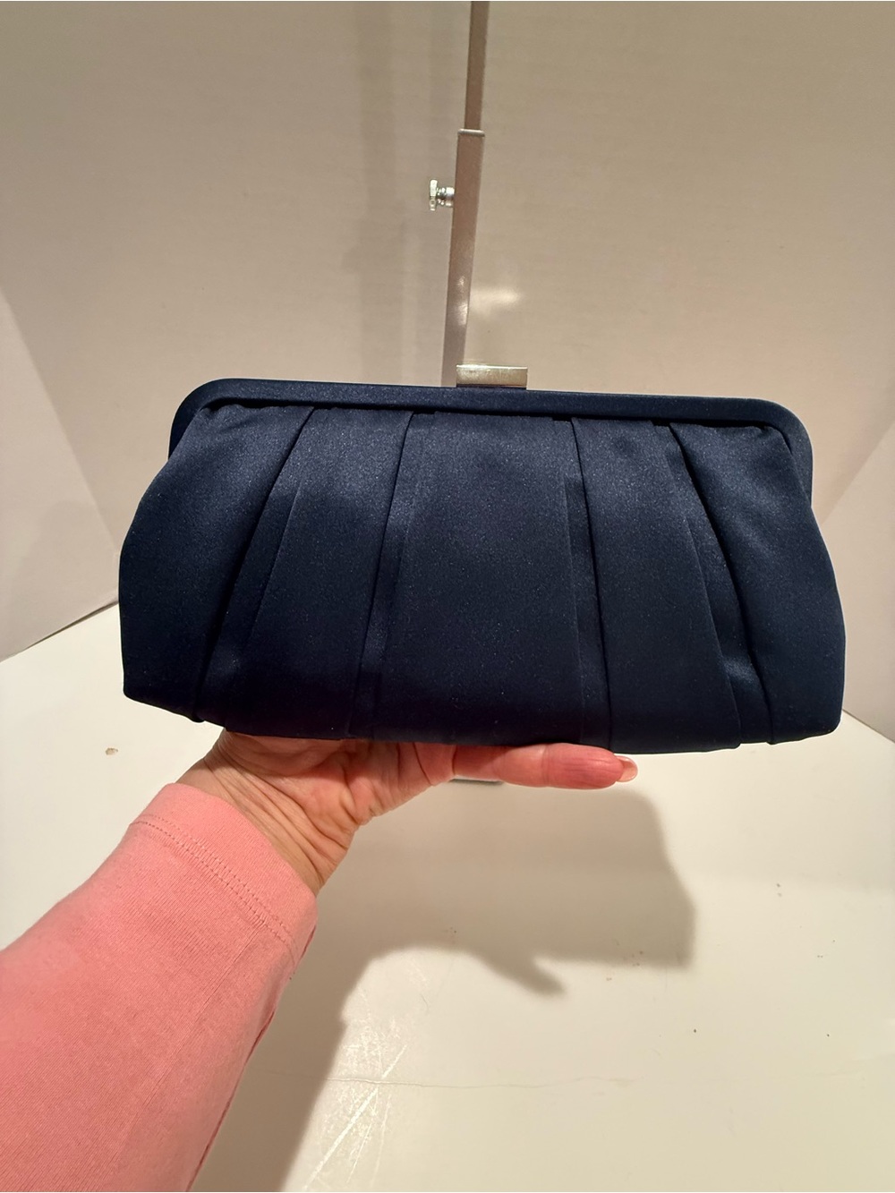 Nina Satin Evening Clutch in Navy with Hot Pink Lining with Silver Chain - Picture 4 of 11